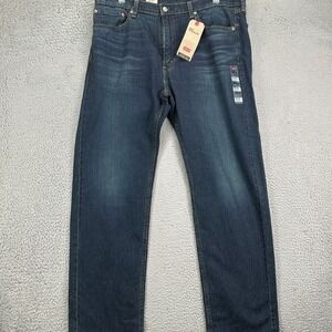 Levis 505 Regular Straight Jeans Mens‎ 38X32 Blue Distressed Dark Wash Denim NEW